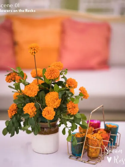 A simple yet vibrant centerpiece for a Haldi lunch. A bouquet of fresh marigolds in a ceramic vase adds a touch of traditional color and charm to the table setting.