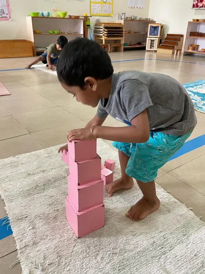 A child works with the Pink Tower, a classic sensorial material. This activity helps them visually discriminate between sizes and builds their understanding of dimensions, which is an indirect preparation for mathematics.