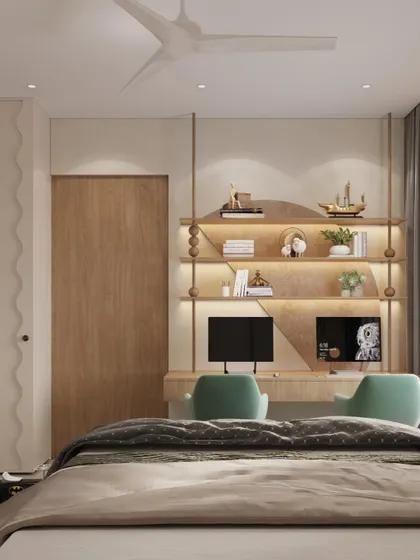 The custom twin-desk study zone in the children's room. Featuring backlit shelves and ergonomic chairs, this area is designed to inspire learning and creativity in a calm, organized environment.