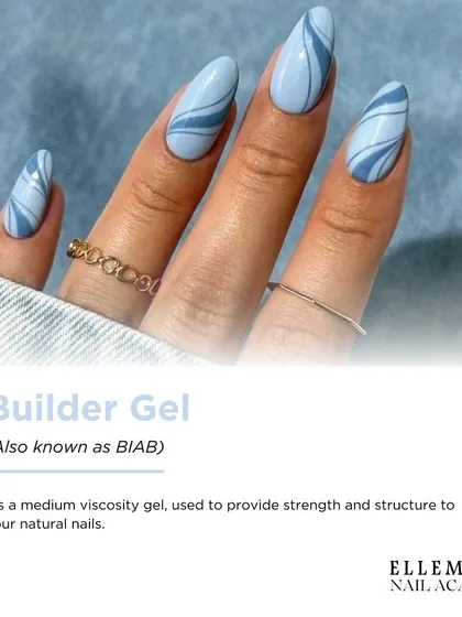 A beautiful example of Builder Gel (BIAB) on natural nails, creating a smooth, structured, and durable blue swirl design.