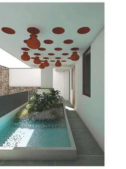 A 3D rendering of the pond area, visualizing how the sketched concepts of water, plants, and bird nests will come together in the final space.