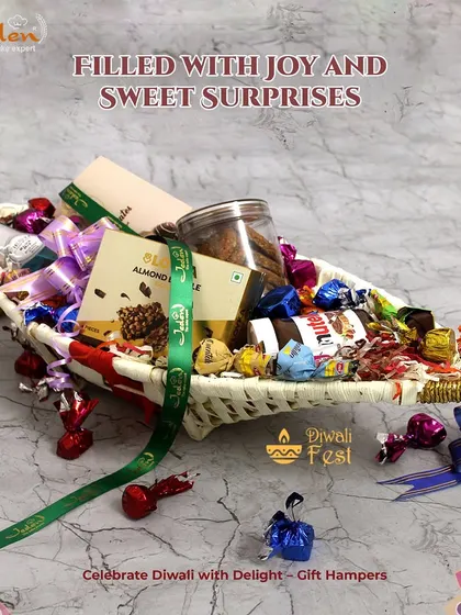 Our unique boat-shaped basket hamper is filled to the brim with joy and sweet surprises. It’s an eye-catching gift packed with cookies, chocolates, and other treats, perfect for making a grand gesture this Diwali.