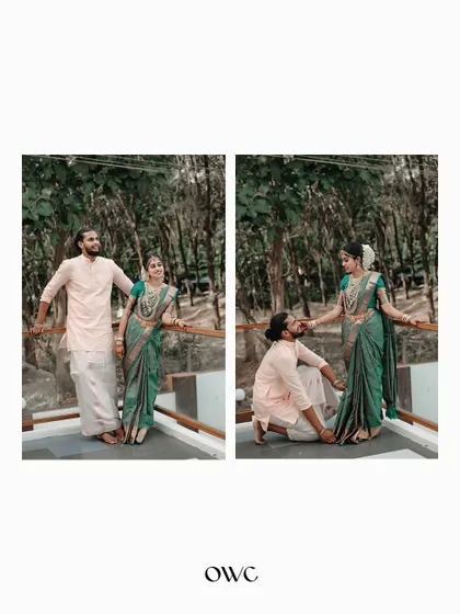 A collage showing a couple's playful and romantic interactions on a balcony.