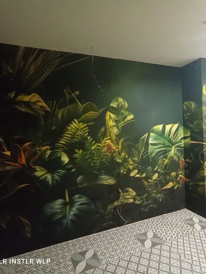 Another angle of the dark tropical wallpaper, showing the vibrant pops of color against the dark background.