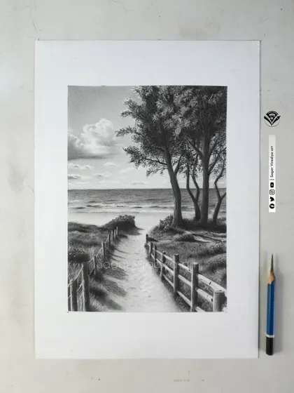 This is the final result of a piece from my Graphite Landscape Workshop. I focused on creating depth through careful shading, from the wooden fence in the foreground to the soft clouds and distant ocean, showing that the principles of realism can be applied to any subject.