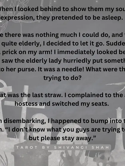 An unsettling airplane encounter with an elderly couple who look just like someone's deceased son and attempt to prick them with a needle.