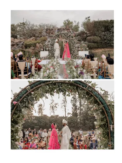 A collage showing the beautiful outdoor mandap setup for a garden wedding.