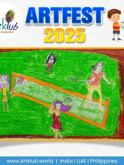 A junior artist's view of a tennis match from above. The drawing shows four players on a green court, engaged in a doubles game.