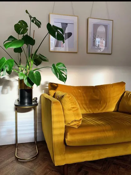 This single-seater sofa in a rich mustard yellow velvet is perfect for creating a cozy corner. Its deep, comfortable seat invites you to relax, while the vibrant color adds a touch of warmth and luxury to the room.