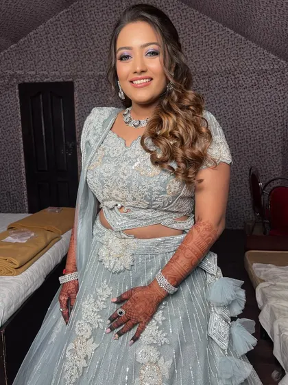 A full-length view of the bride, looking like a modern princess.