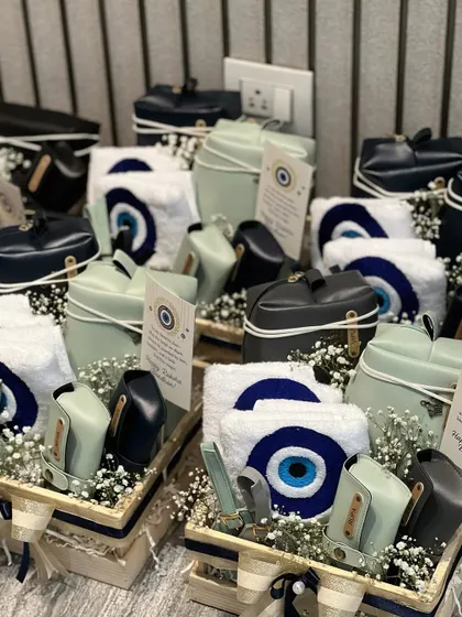 A large order of the Evil Eye Rakhi hampers, ready to celebrate the bond between brothers and sisters-in-law. The mix of navy, mint green, and white looks so fresh and modern.