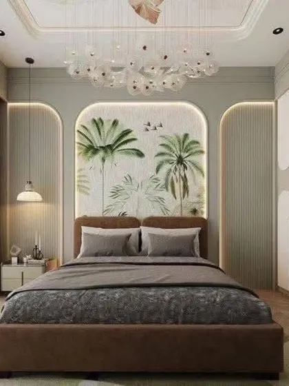 This 3D render presents a nature-inspired bedroom with a large, palm-themed wallpaper set within an arched alcove. The design is complemented by a modern chandelier and curved wardrobe panels, creating a serene, resort-like feel.