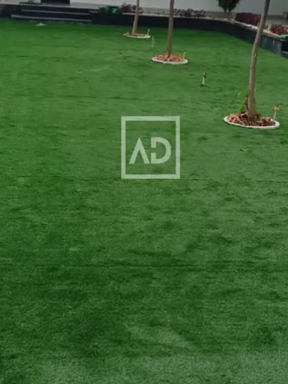 A large poolside area covered with artificial grass. It provides a soft, non-slip surface that stays green all year round without watering or mowing.
