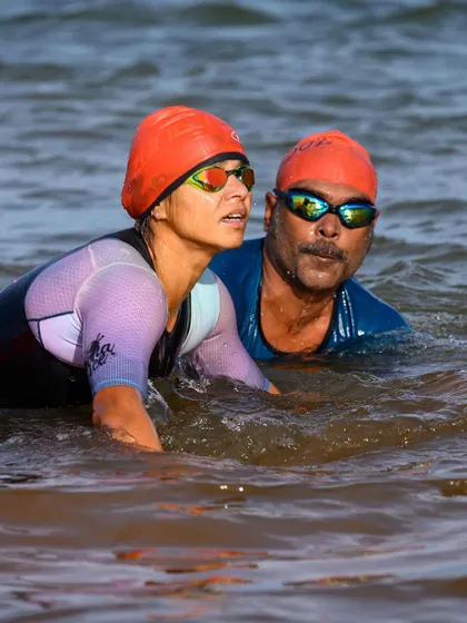 In the choppy waters of Vatadahosahalli Lake during the BMF 47.5. Open water swimming is unpredictable. Training in these conditions builds mental and physical resilience.