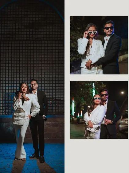A collage showcasing the stylish, modern vibe of Harsh and Shreya's pre-wedding shoot, combining urban night shots with classic couple poses.