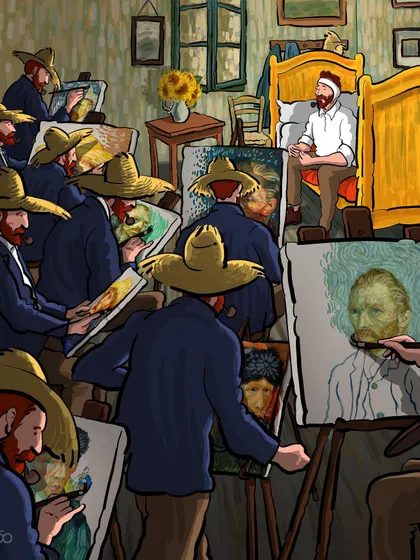 A surreal depiction of the artist's inner struggle and self-reflection. The "real" Vincent, wounded, sits on his bed while countless versions of himself as an artist try to capture his likeness, exploring the gap between the self and the self-portrait.