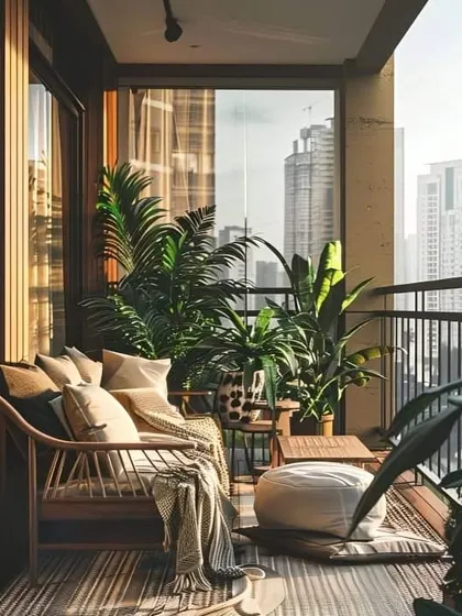 A cozy and rustic balcony with a wooden sofa, plush cushions, and warm lighting. The large plants provide a sense of enclosure and privacy, making it feel like a secret garden.