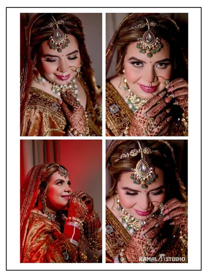 A collage of the bride's close-up portraits, highlighting her beautiful makeup and jewelry.