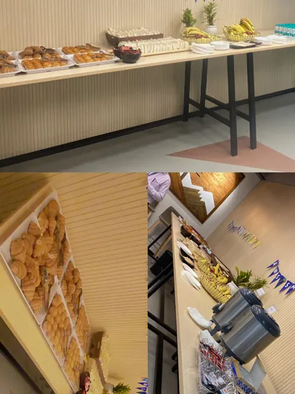 A live breakfast buffet we set up for a corporate client. The spread includes a variety of pastries, sandwiches, and fresh fruits to start the day right.