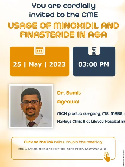 An invitation for a Continuing Medical Education (CME) session I conducted on the usage of Minoxidil and Finasteride for treating androgenetic alopecia. Educating other doctors is key to ensuring patients receive the correct medical advice.
