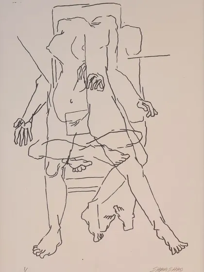 An ink drawing by Shamshad Hussain, showing his mastery of line work. The piece features overlapping nude figures on a chair, showcasing his distinct approach to the human form.