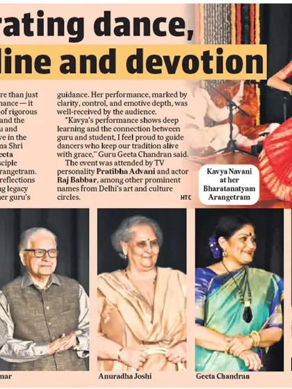 Media coverage from the Hindustan Times celebrating Kavya Navani's arangetram. It highlights the performance as a celebration of dance, discipline, and devotion.
