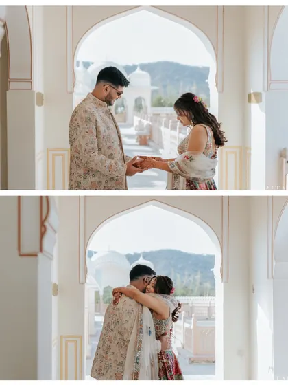 A tender moment from a Mehendi event in Jaipur. The couple's hug in a sunlit archway perfectly captures the love and anticipation of the days leading up to the wedding.
