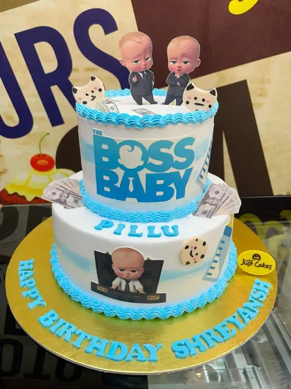 Who's the boss? This 3kg, two-tiered Boss Baby theme cake is perfect for a little one with a big personality, decorated with edible images and fondant details.