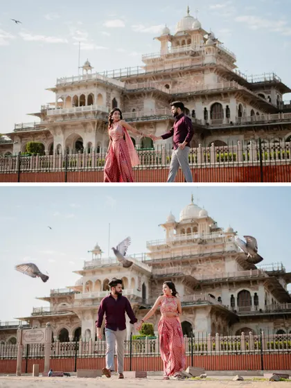 A playful and modern pre-wedding shoot for Siddharth and Simran at Albert Hall Museum, complete with pigeons for a classic Jaipur touch.