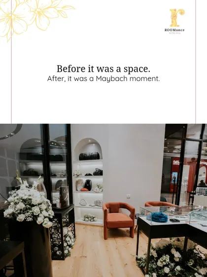 Before, it was a space. After, it was a Maybach moment. This before-and-after view shows how we filled the store with strategic floral designs and refined decor to transform a retail floor into an exclusive brand experience.