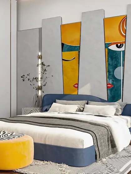 A vibrant and artistic bedroom with a colorful, abstract mural as the headboard. The use of bold yellow and blue accents creates a cheerful and energetic atmosphere.