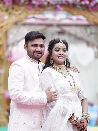 A beautiful couple makeover. The bride is wearing a stunning white lehenga, and we created a soft, romantic makeup look to match.