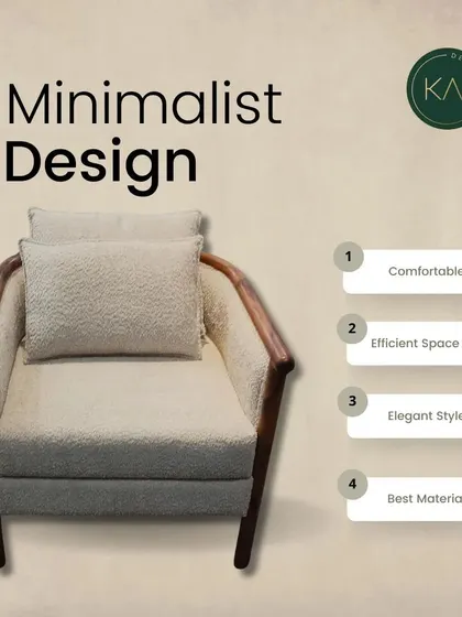 A minimalist armchair featuring a solid wood frame and a comfortable, textured bouclé fabric. This piece was designed for efficient space use while providing an elegant and comfortable seating solution.