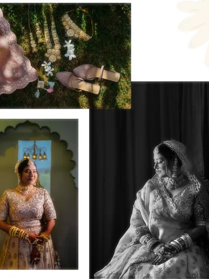 A collection of artistic bridal preparation shots, including a flat lay of her accessories and portraits using dramatic lighting.