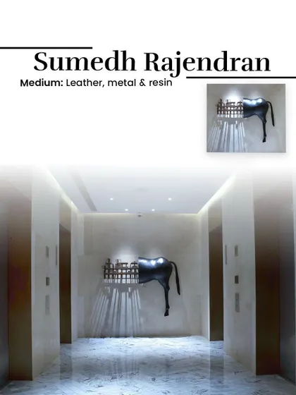 A sculpture of leather, metal, and resin by Sumedh Rajendran, placed in an elevator lobby at the Four Seasons Hotel.