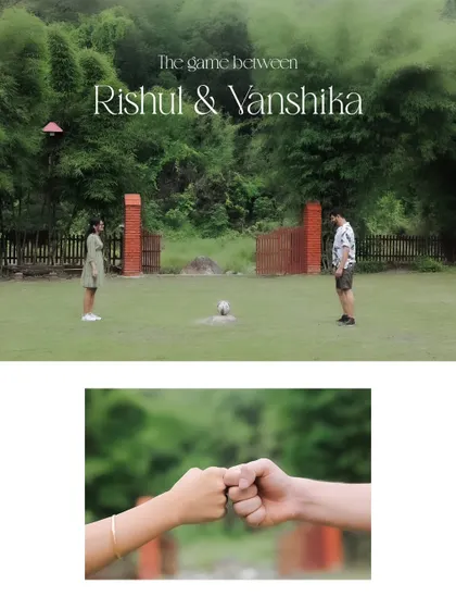 A playful "game between" the couple, set against a lush green lawn in Mussoorie. This shot tells a story of fun and friendly competition in their relationship.