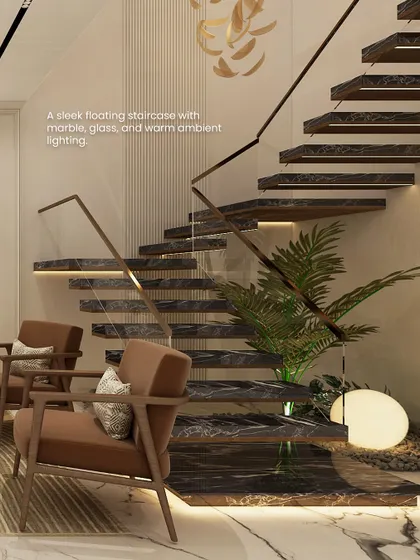 A sleek floating staircase made of marble and glass is accentuated by warm ambient lighting, adding depth and sophistication to this living area.