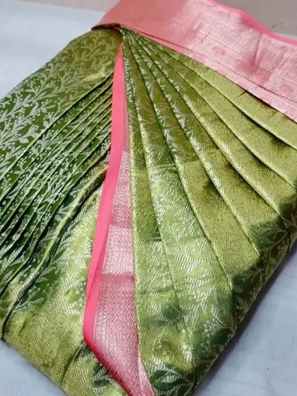 An olive green saree with a pink border, pleated to perfection. Drape your sarees like a pro in less than five minutes with my help.