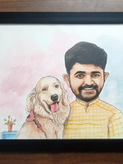 A close-up of the framed pet caricature, showing the soft watercolor background.
