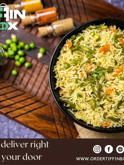 We deliver right to your door. This image showcases our delicious veg pulao, a perfect example of the fresh and tasty meals you can get delivered quickly from our cloud kitchen.