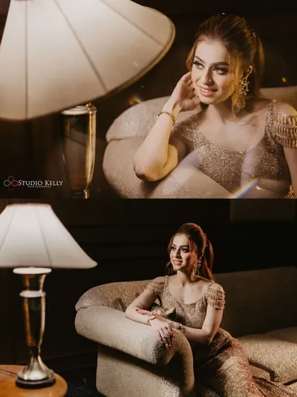 A collage of the bride's solo portraits, looking glamorous and happy.
