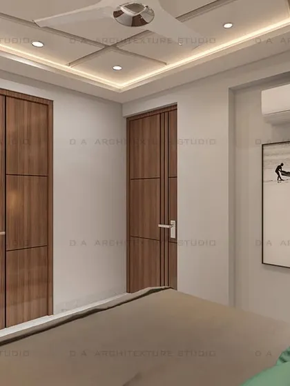 Another view of the minimal bedroom, showing the clean lines of the wooden doors and the simple, elegant false ceiling design.