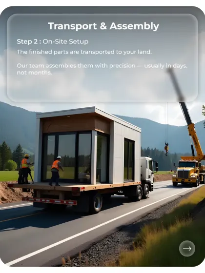 Once the modules are built in the factory, they are transported to your land. My experienced team then assembles them with precision, a process that usually takes days, not months.