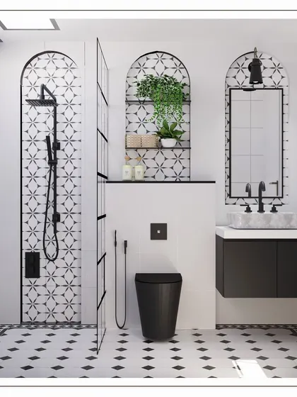 The full bathroom design, featuring an arched niche for the shower and a matching arched mirror, creating a sense of symmetry and elegance.
