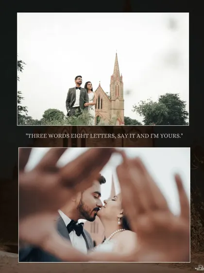 A creative shot featuring a close-up of a near-kiss framed by hands, with the wider shot of the couple and the church in the background.