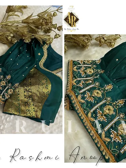 A stunning emerald green blouse with intricate floral and vine motifs embroidered in gold zardosi and sequins. The brocade bust panel adds a beautiful contrast in texture.