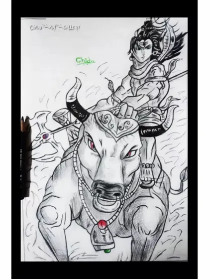 An ink and pencil illustration of Lord Shiva riding his divine bull, Nandi. This piece has a graphic, illustrative style, focusing on strong lines and bold forms.