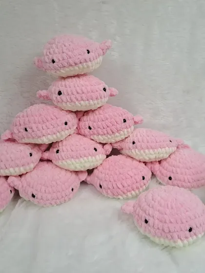 For a pop of color, I make these whale plushies in bright pink. They are soft, squishy, and loved by kids.