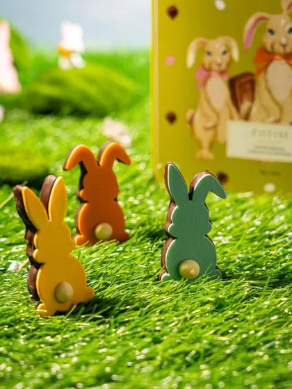 A closer look at the adorable and colorful chocolate bunnies for Easter. These treats are a fun and delightful way to celebrate the spring holiday with family and friends.