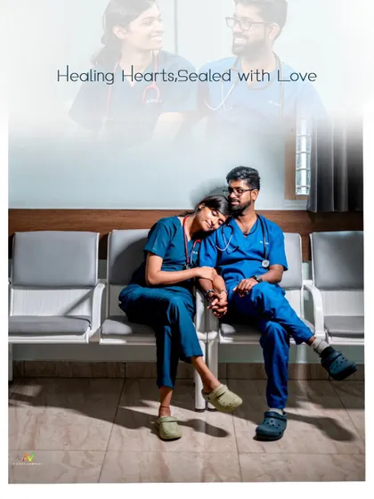A creative pre-wedding concept for a doctor couple, titled "Healing Hearts, Sealed with Love," showing them sharing a quiet moment in a hospital waiting area.